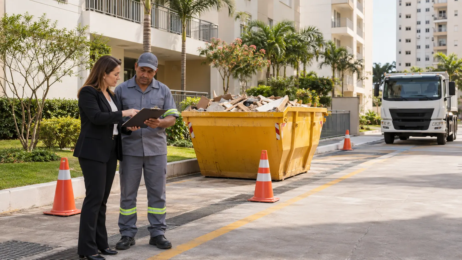 Síndico e profissional organizando a entrega de caçamba em condomínio