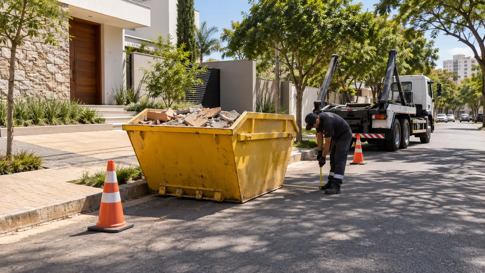 Caçamba amarela posicionada com segurança ao lado de uma obra em Campinas