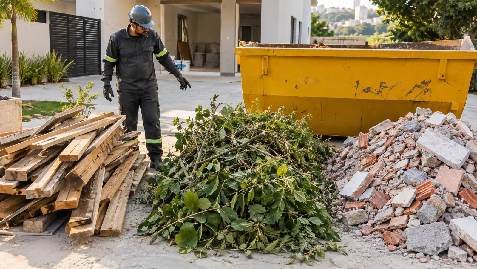 Separação de madeira, poda e entulho ao lado de uma caçamba amarela