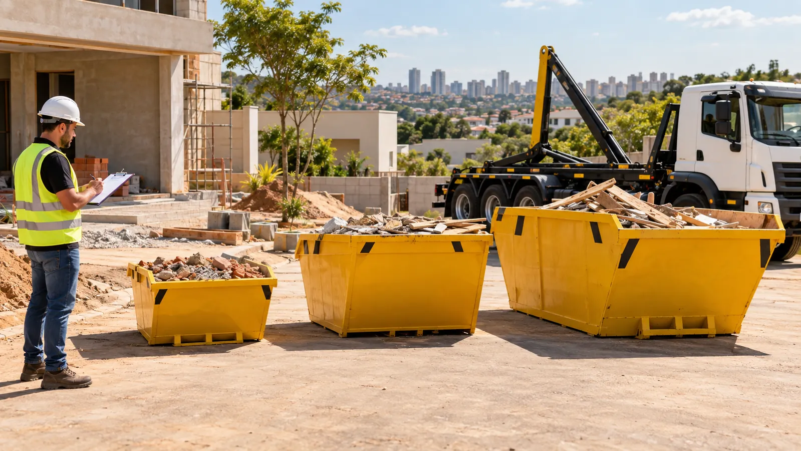 Caçambas de diferentes tamanhos organizadas em uma obra em Campinas